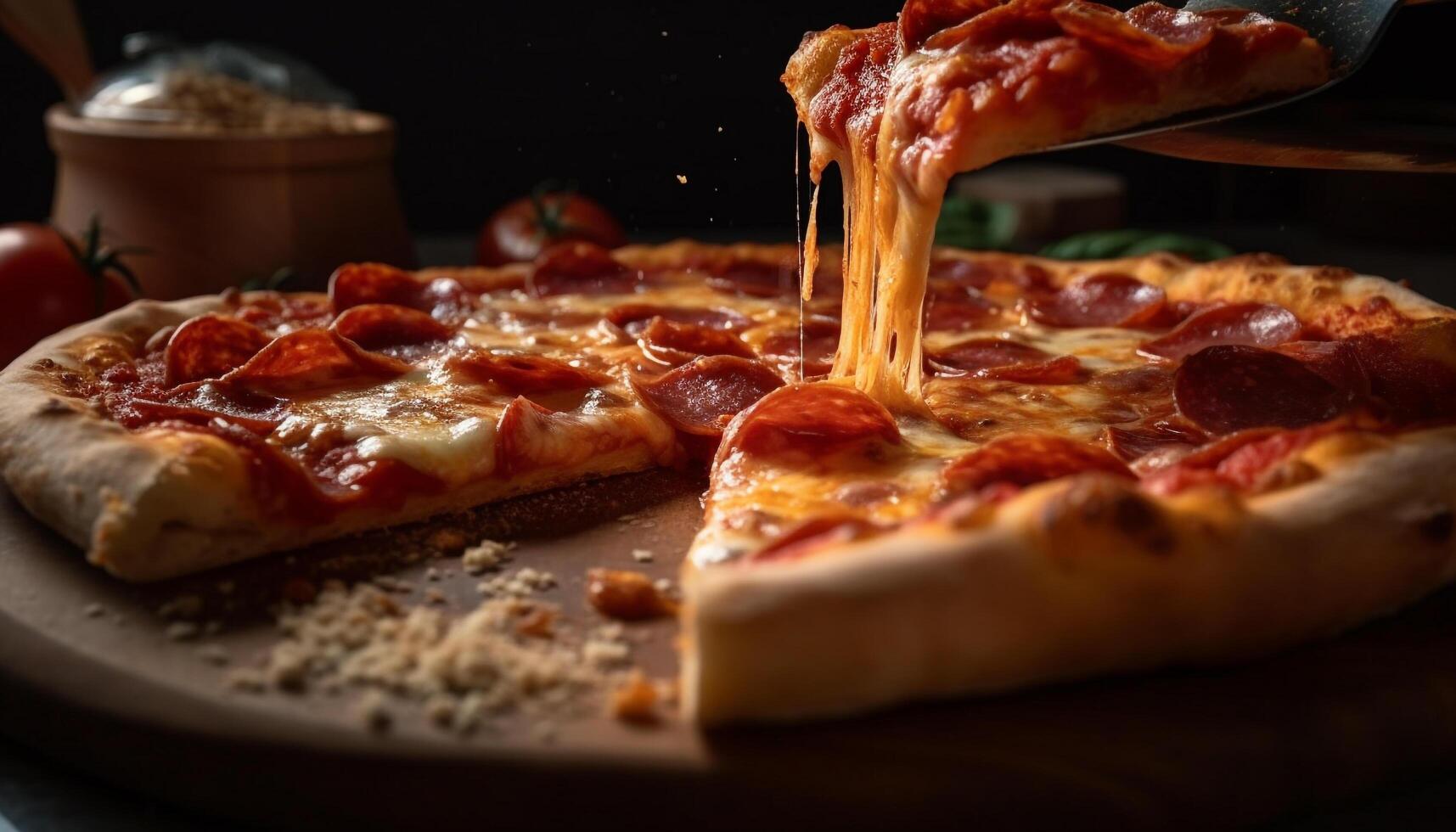 Mozzarella, tomaat, salami rustiek Italiaans pizza plak gegenereerd door ai foto