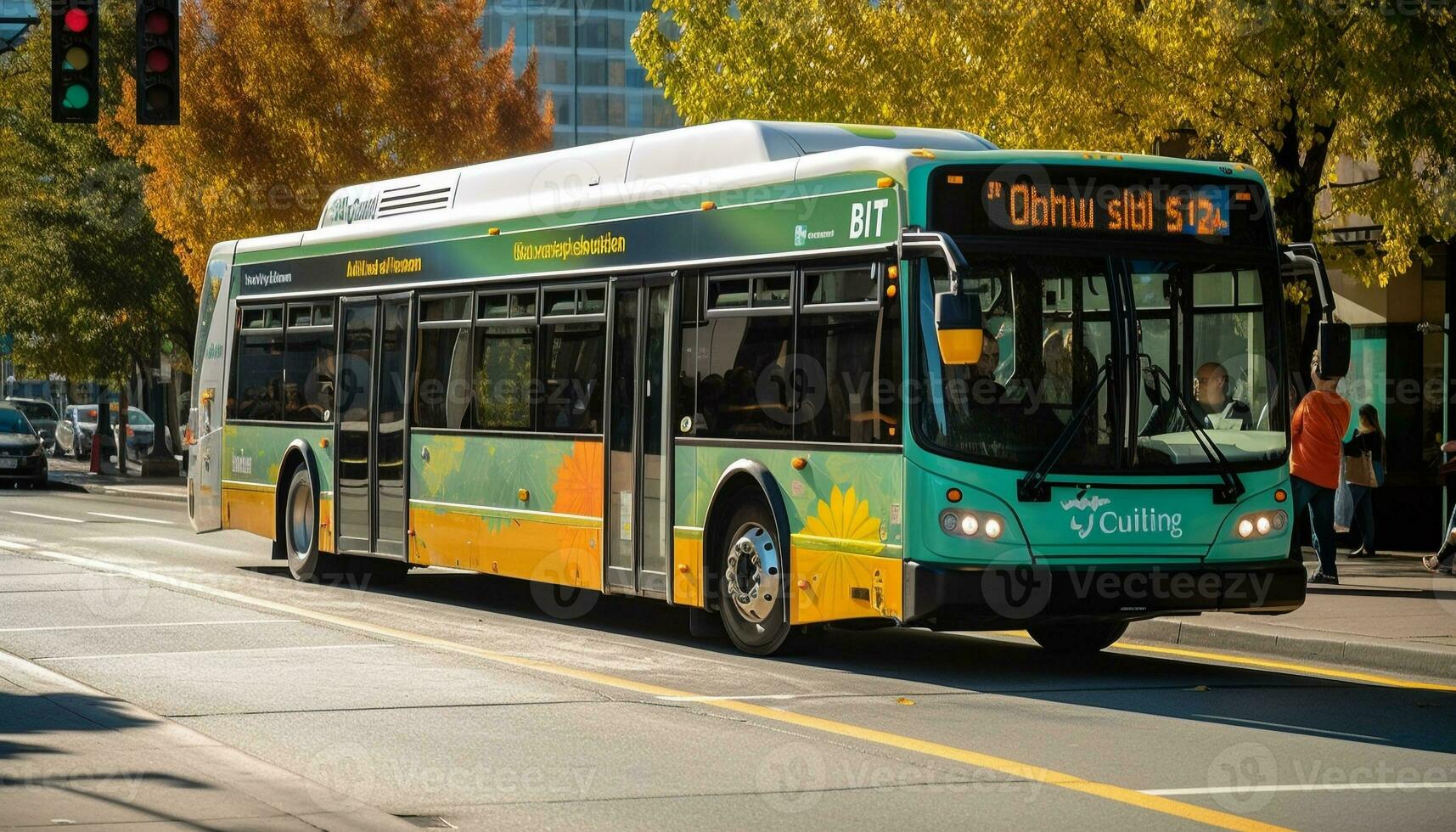 dubbele decker bus in stad verkeer, wazig beweging gegenereerd door ai foto