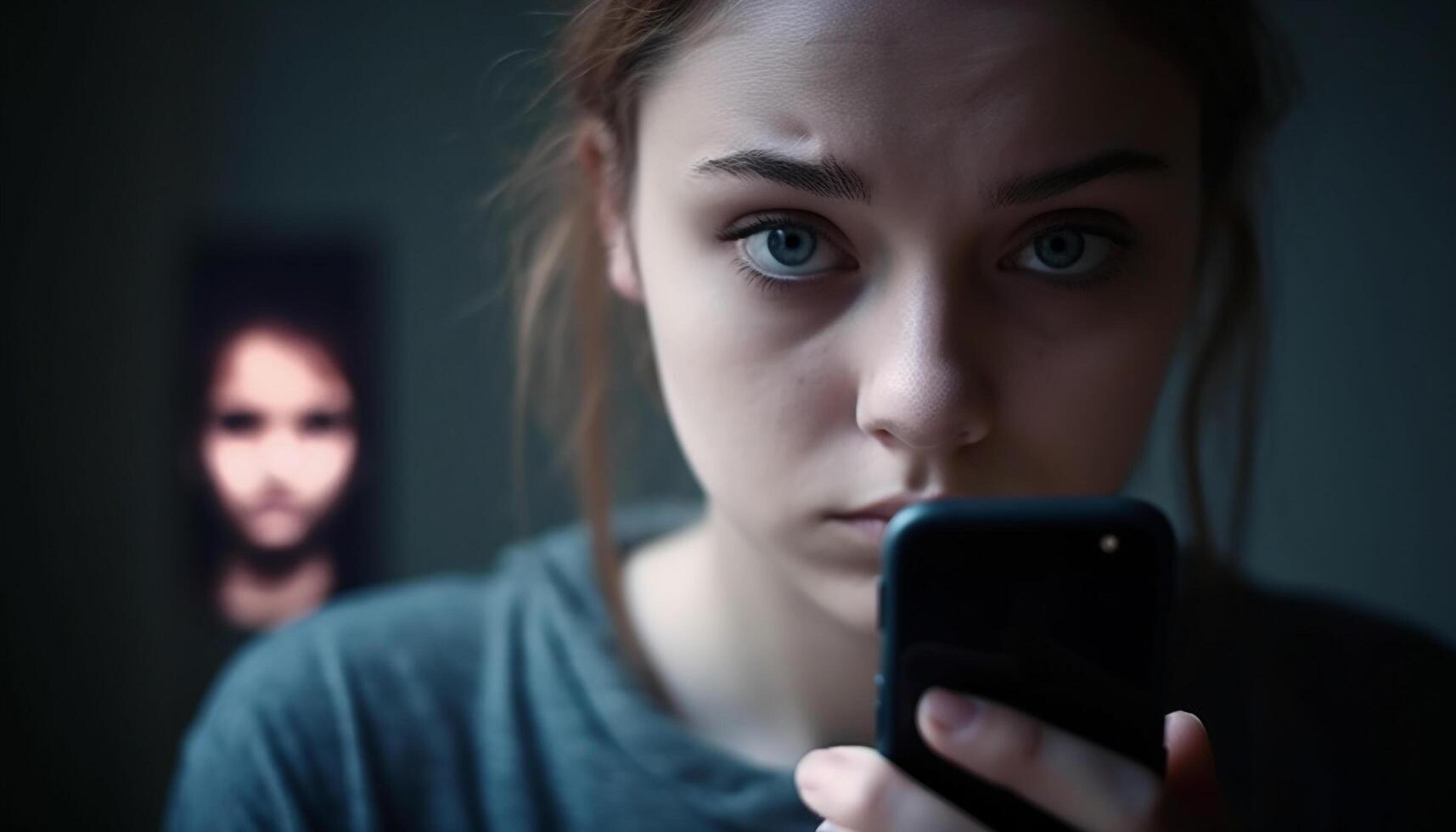 verdrietig jong vrouw op zoek Bij telefoon scherm gegenereerd door ai foto