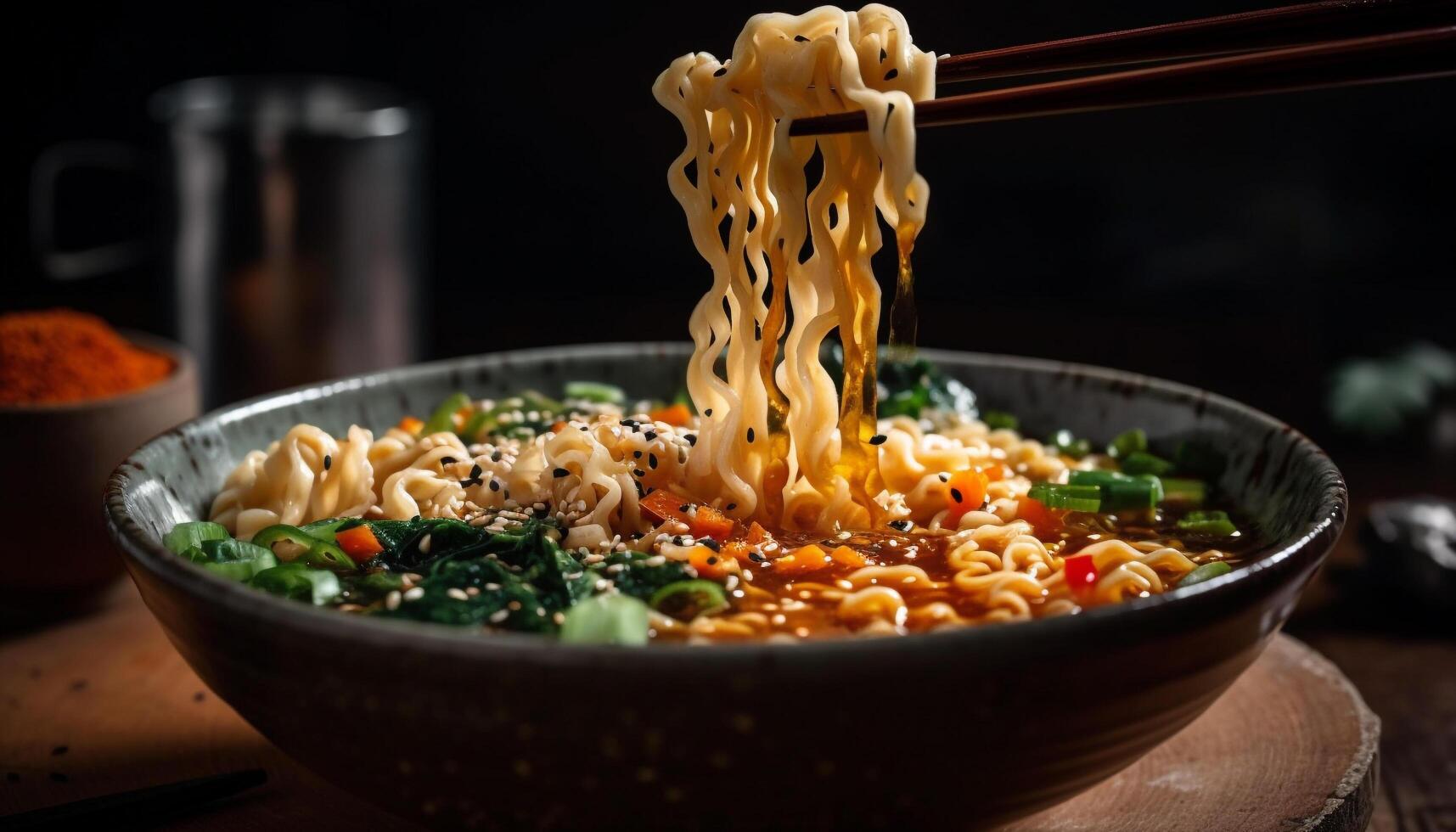 pittig ramen kom met vers groenten en zeevruchten gegenereerd door ai foto