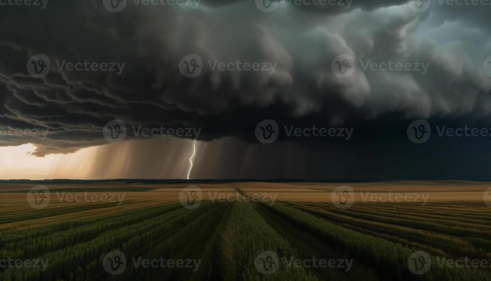 humeurig lucht over- tarwe velden met bliksem gegenereerd door ai foto