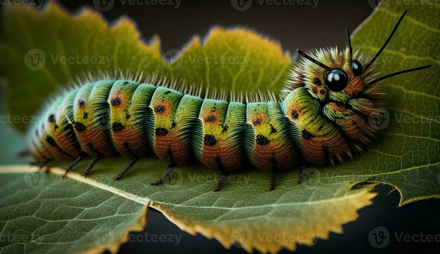 kleurrijk rups- kruipt Aan groen blad gegenereerd door ai foto