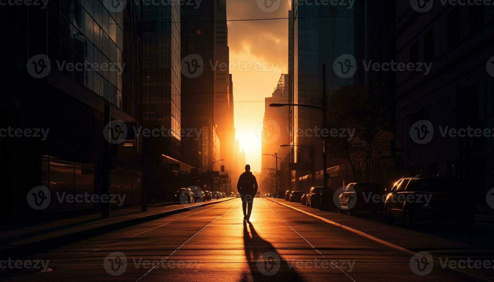 silhouet van zakenman wandelen in stad Bij schemer gegenereerd door ai foto