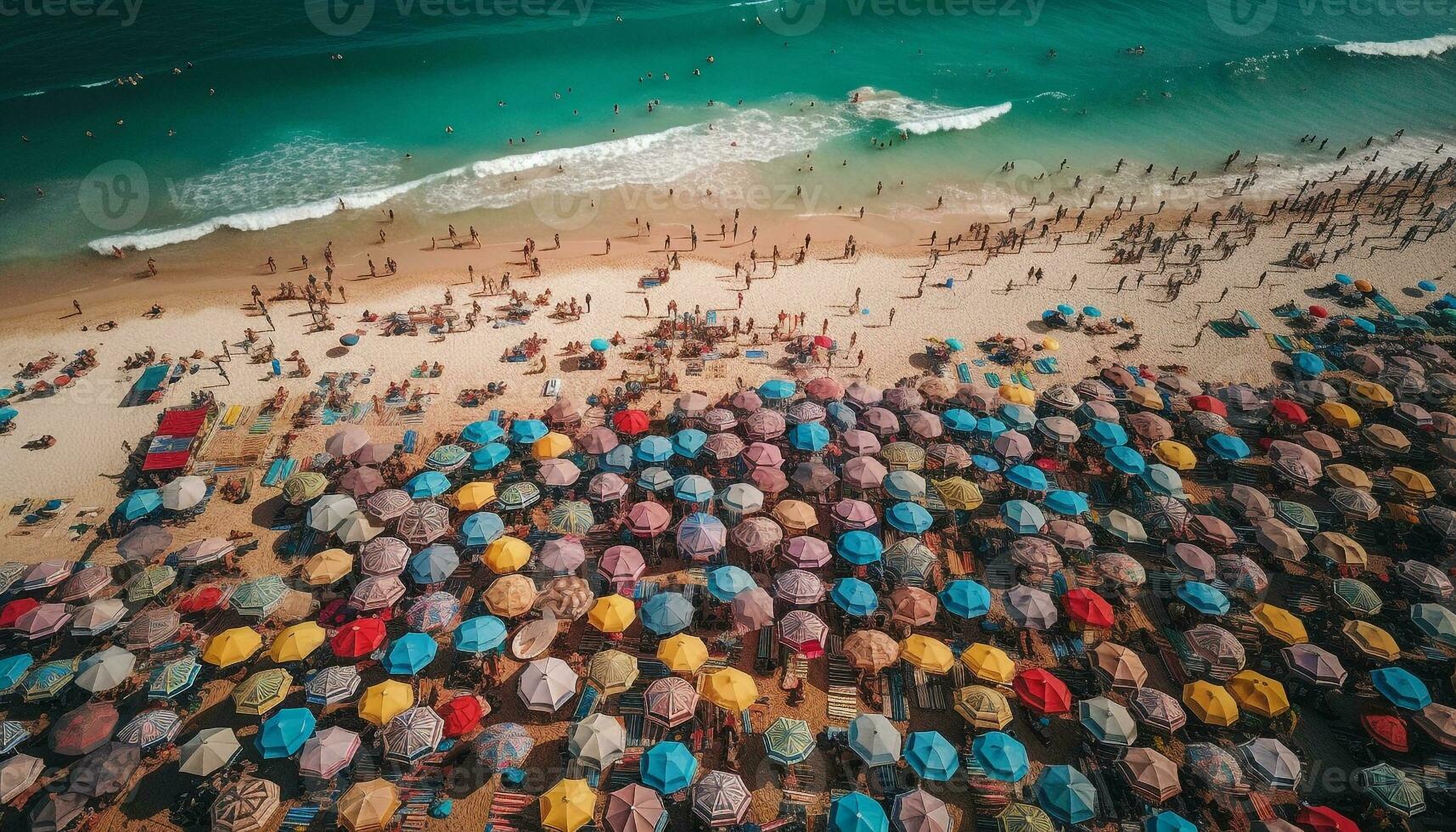 druk strand, turkoois water, zomer vakantie pret gegenereerd door ai foto