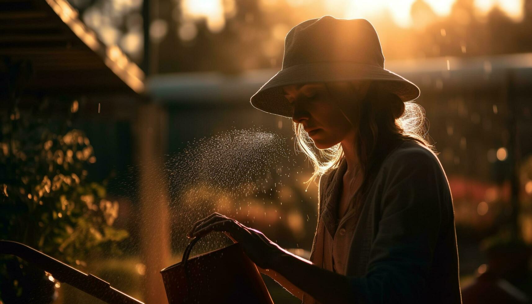 een vrouw lachend, Holding water, genieten van zonsondergang gegenereerd door ai foto