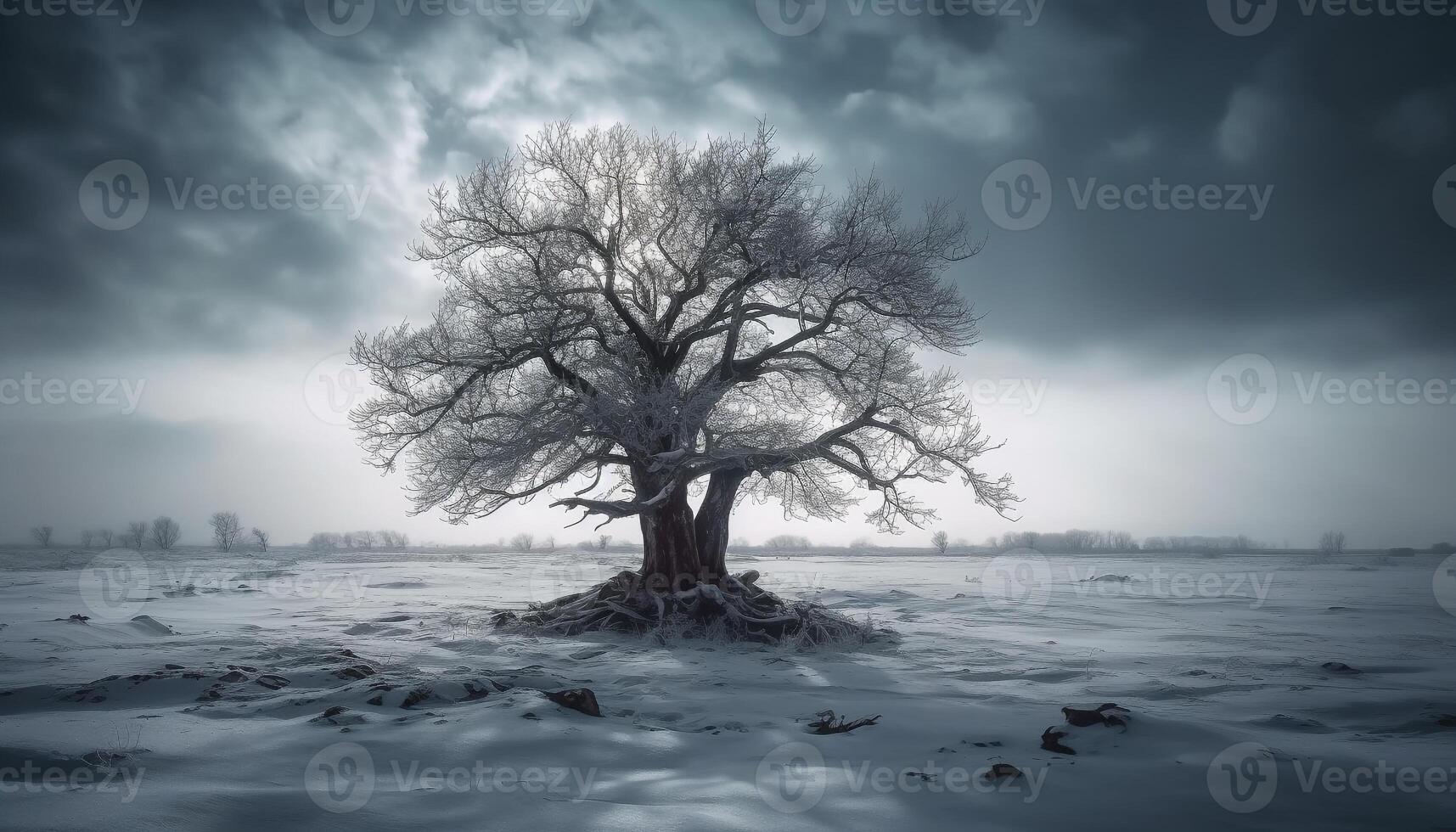 eenzaam winter landschap van oud Woud bomen gegenereerd door ai foto