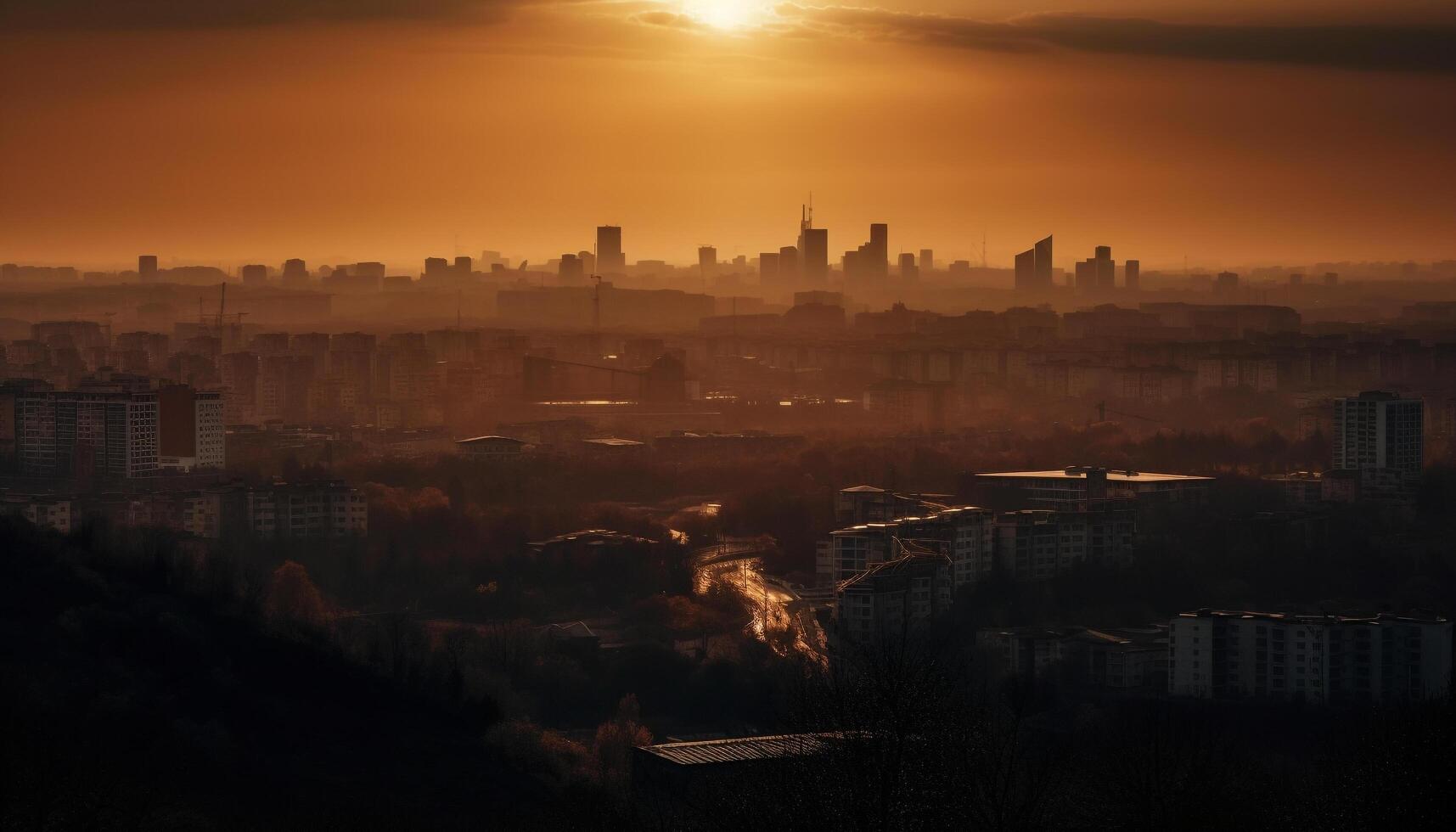 gloeiend wolkenkrabbers tegen stadsgezicht, zonsondergang silhouet panorama gegenereerd door ai foto