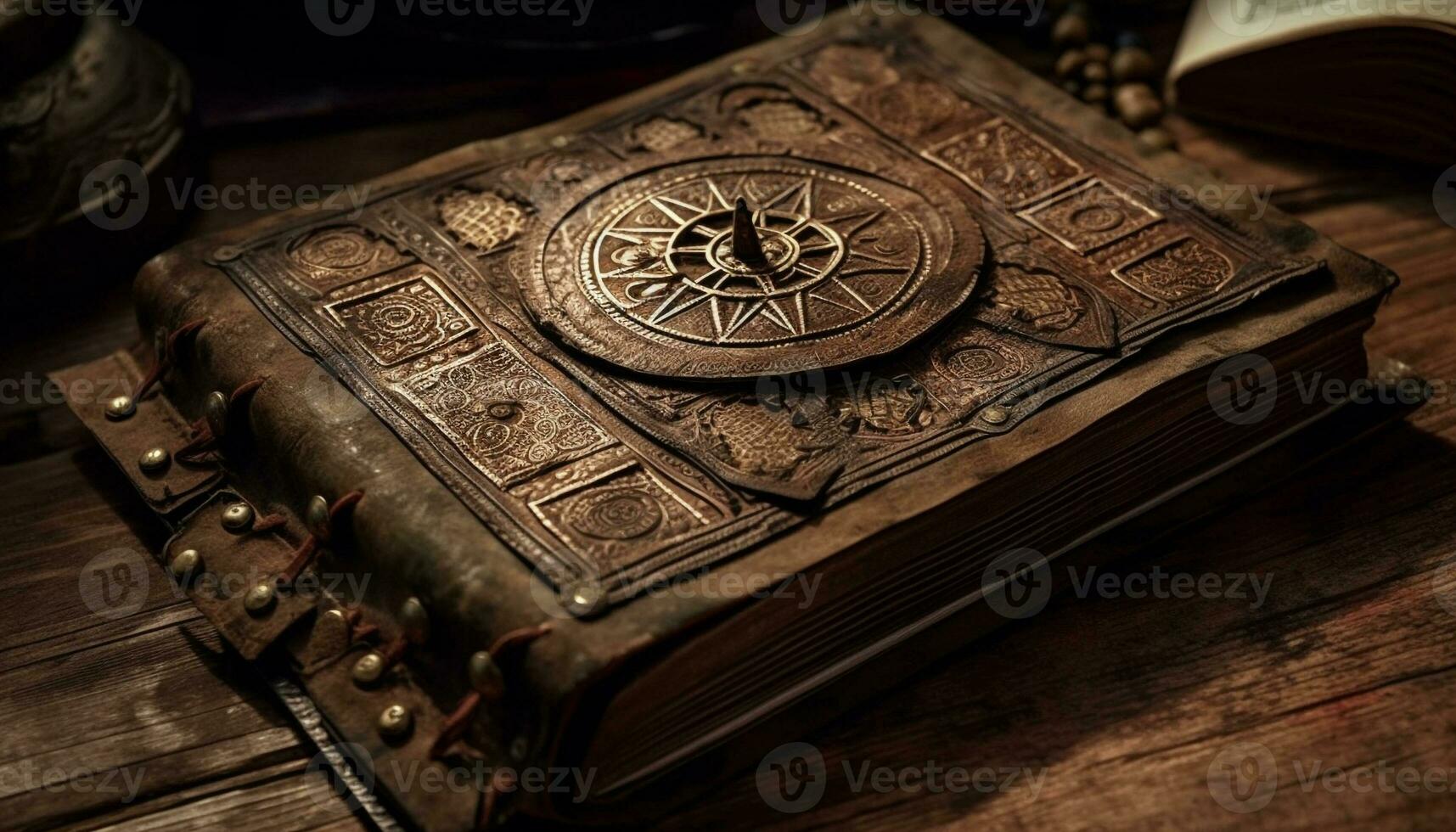 antiek leer gebonden Bijbel Aan rustiek houten tafel gegenereerd door ai foto
