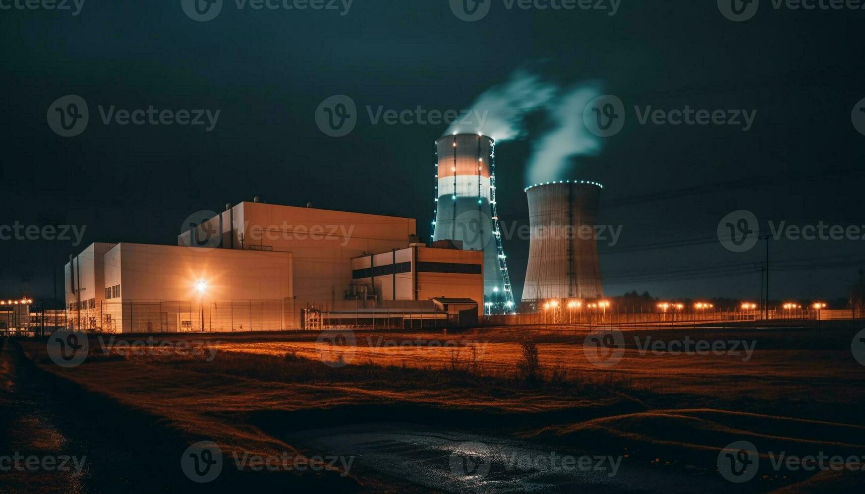 nacht fabriek verlicht lucht, rook vervuilt natuur gegenereerd door ai foto