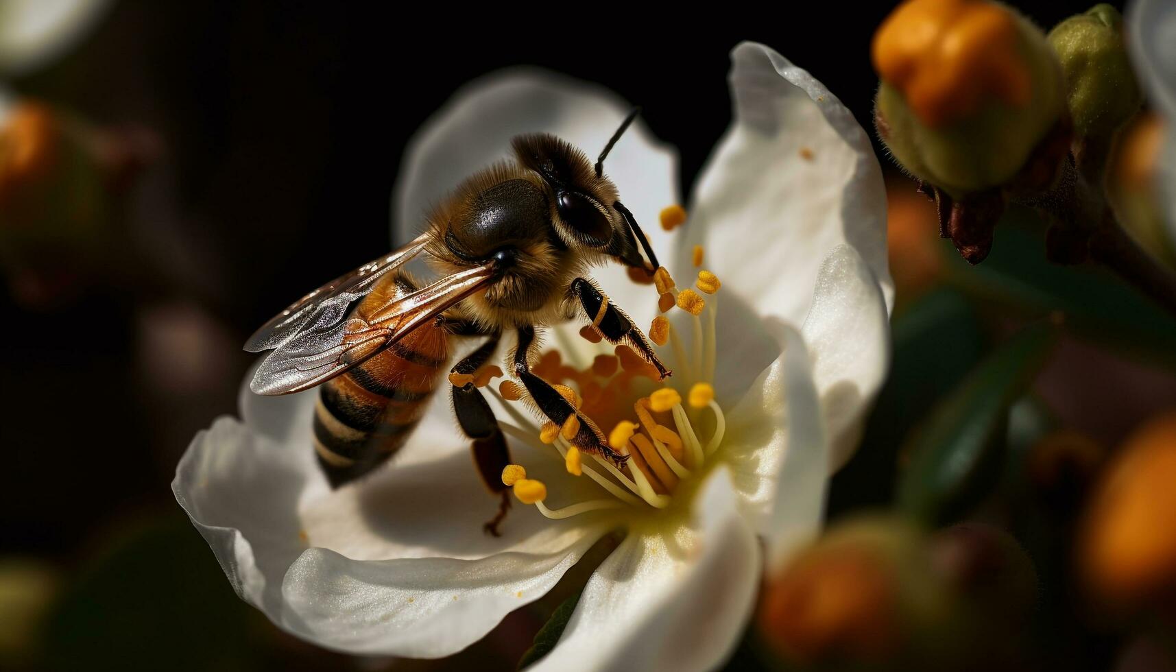 bezig honing bij plukken omhoog geel stuifmeel gegenereerd door ai foto