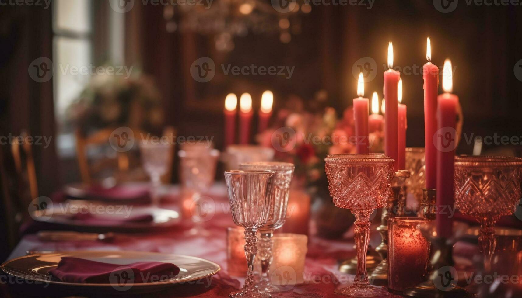 gloeiend kaars verlicht elegant tafel voor viering gegenereerd door ai foto