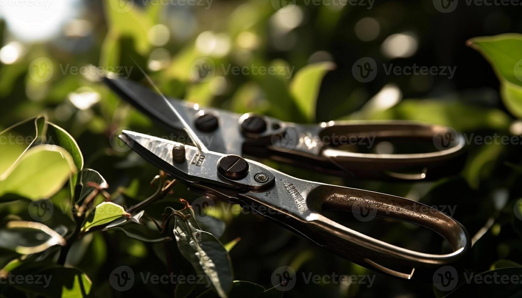 scherp staal snijdend door een groen Afdeling gegenereerd door ai foto