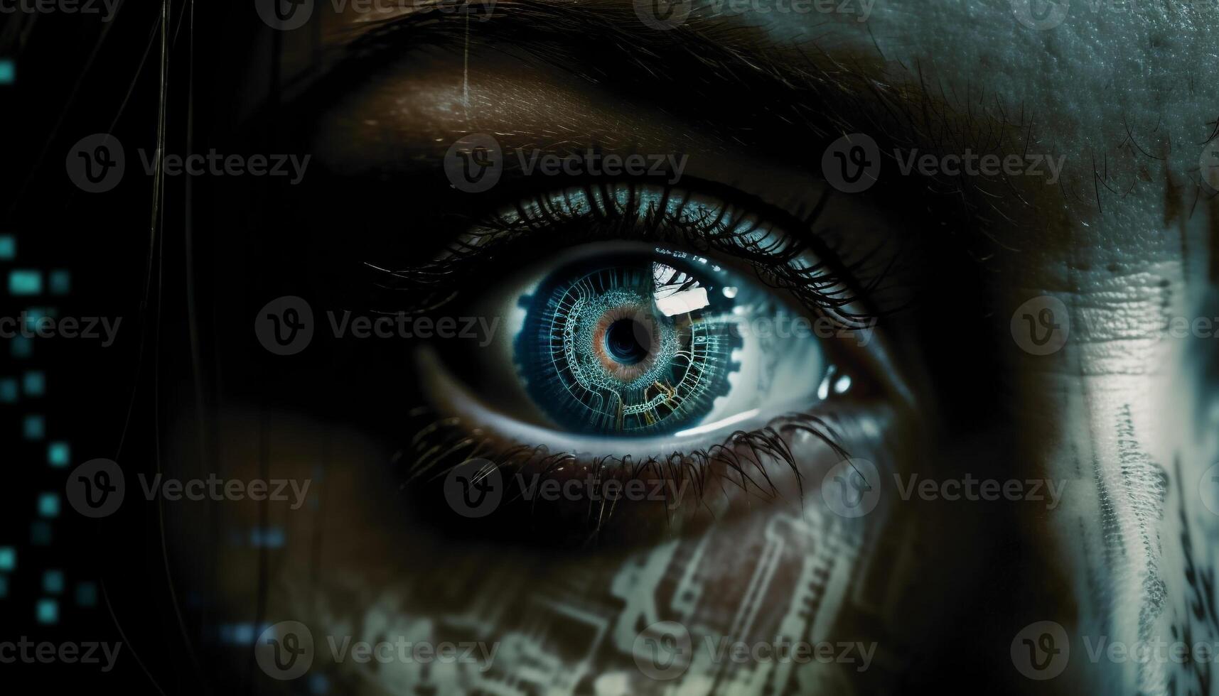 cyborg toezicht dichtbij omhoog van menselijk oog met technologie gegenereerd door ai foto