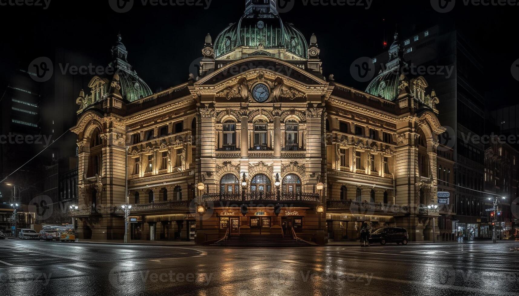 de majestueus stad- hal verlichte de beroemd casino Bij schemer gegenereerd door ai foto