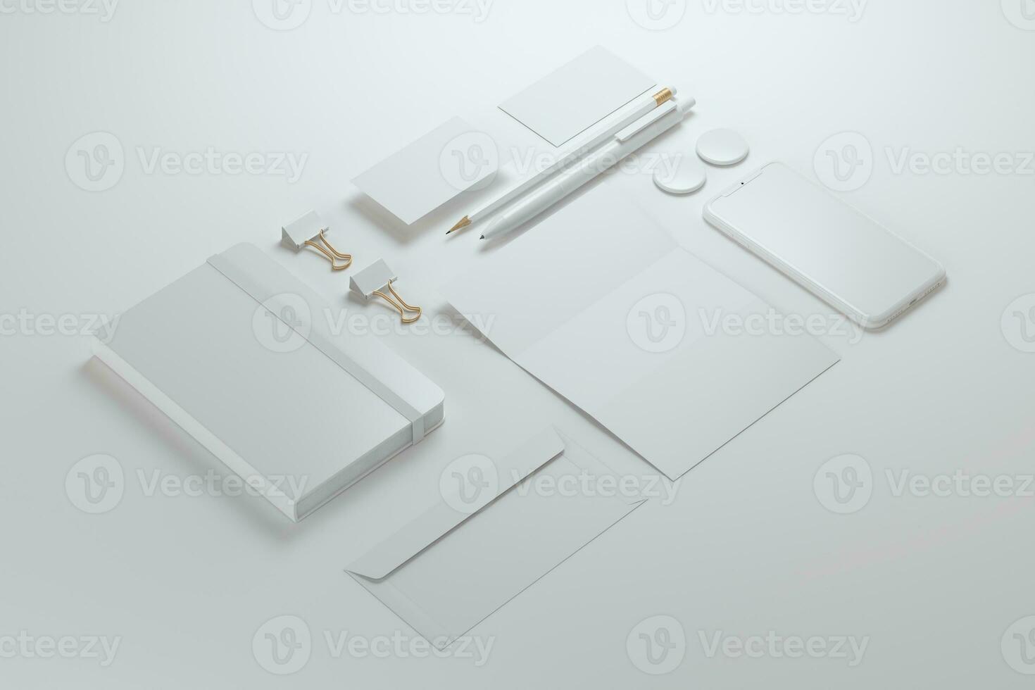 kantoor schrijfbehoeften set, envelop, vel, bedrijf kaarten, potlood, pen en notebook. mockup ontwerp. foto