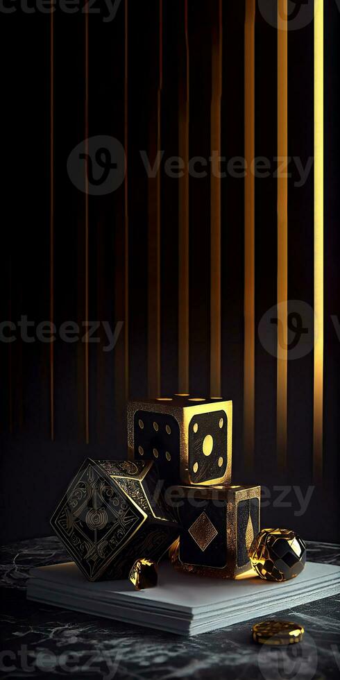 gouden en zwart combinatie van casino spel metaal dobbelstenen Aan marmeren structuur achtergrond met kopiëren ruimte. generatief ai. foto