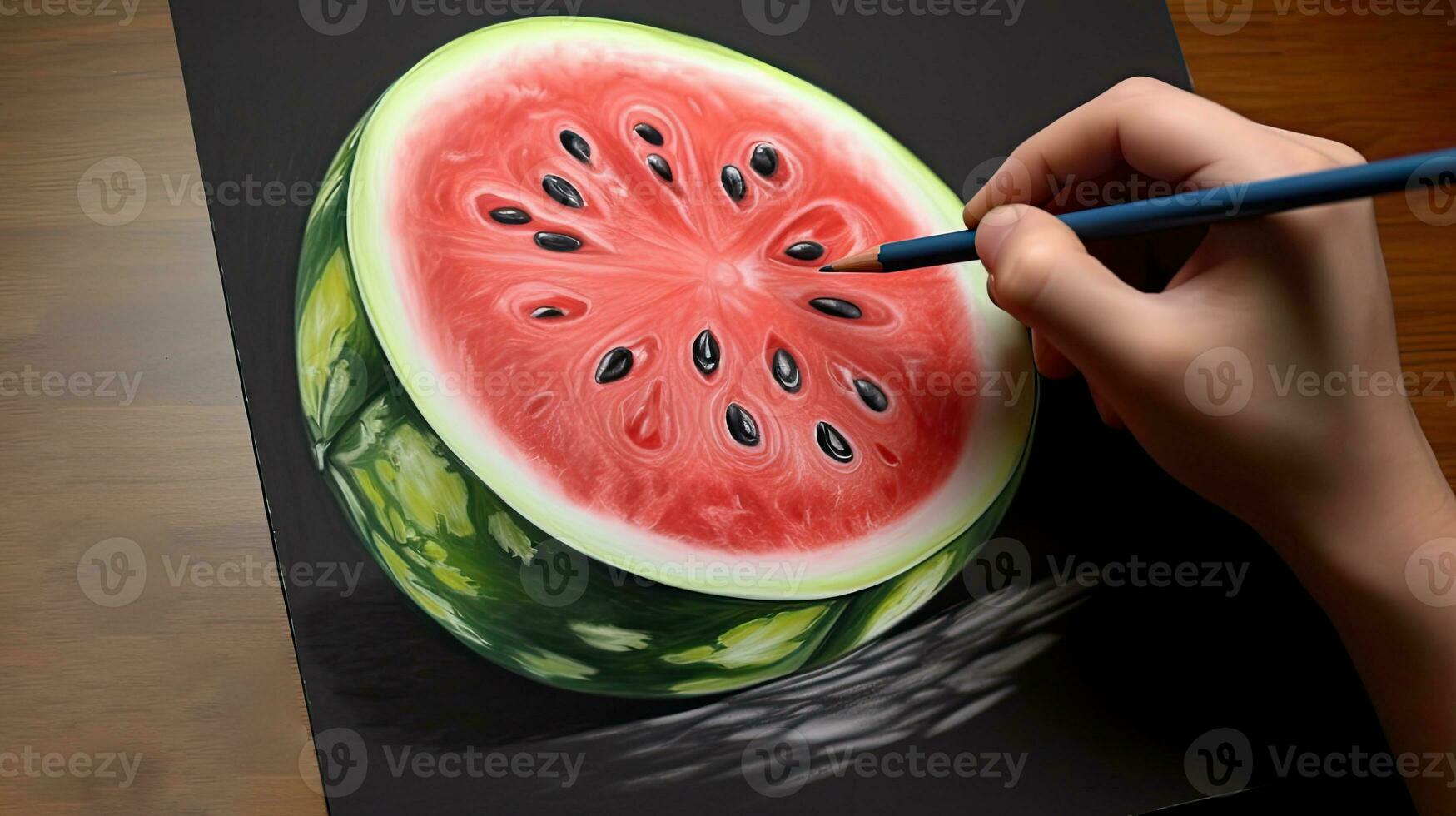 3d kunst presenteren beeld van hand- tekening realistisch driehoek besnoeiing watermeloen plak met potlood. generatief ai. foto