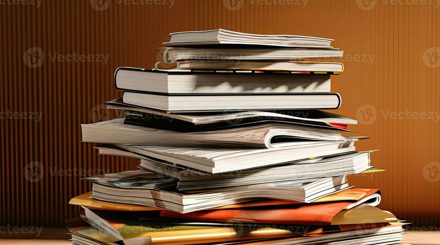 stack van boeken en papierwerk of onvoltooid documenten in bruin gestreept achtergrond. generatief ai. foto