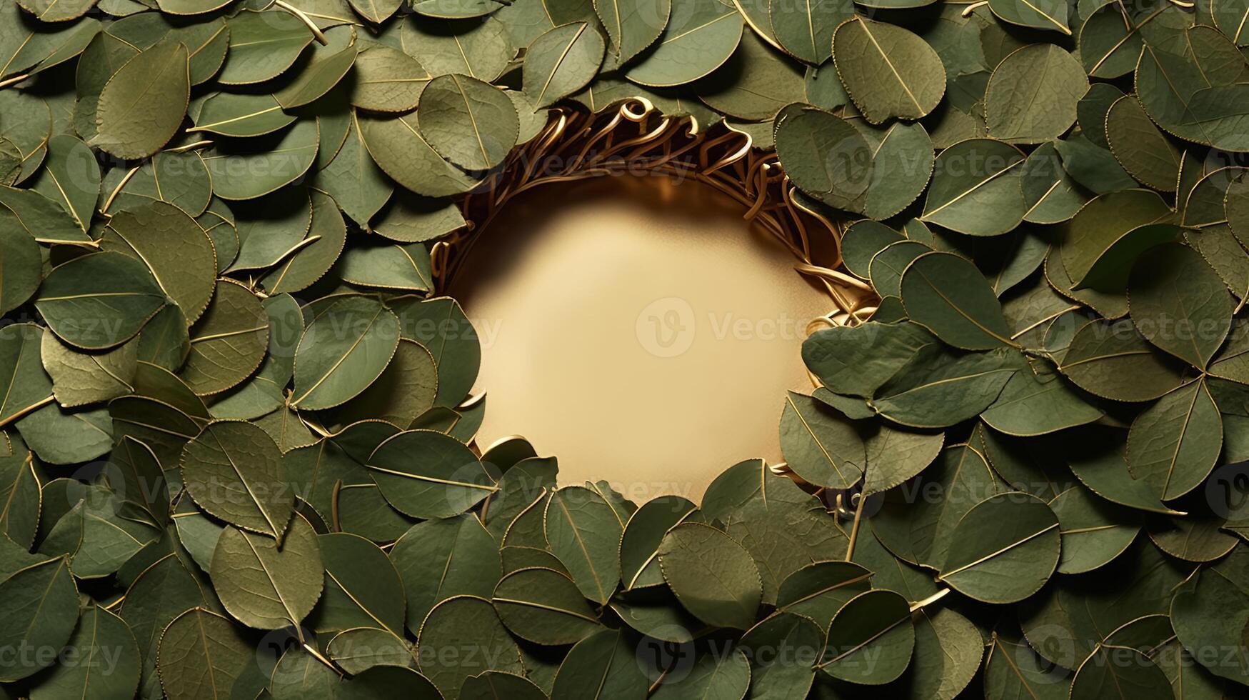 tropisch groen en rood bladeren boom Afdeling met cirkel gouden kader voor achtergrond. creatief oerwoud of Woud natuur achtergrond. foto