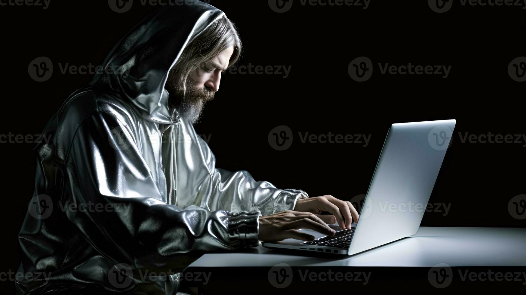 detailopname portret van oud Mens in grijs capuchon jasje en gebruik makend van laptop. concept van hacker of cyber veiligheid concept. generatief ai. foto
