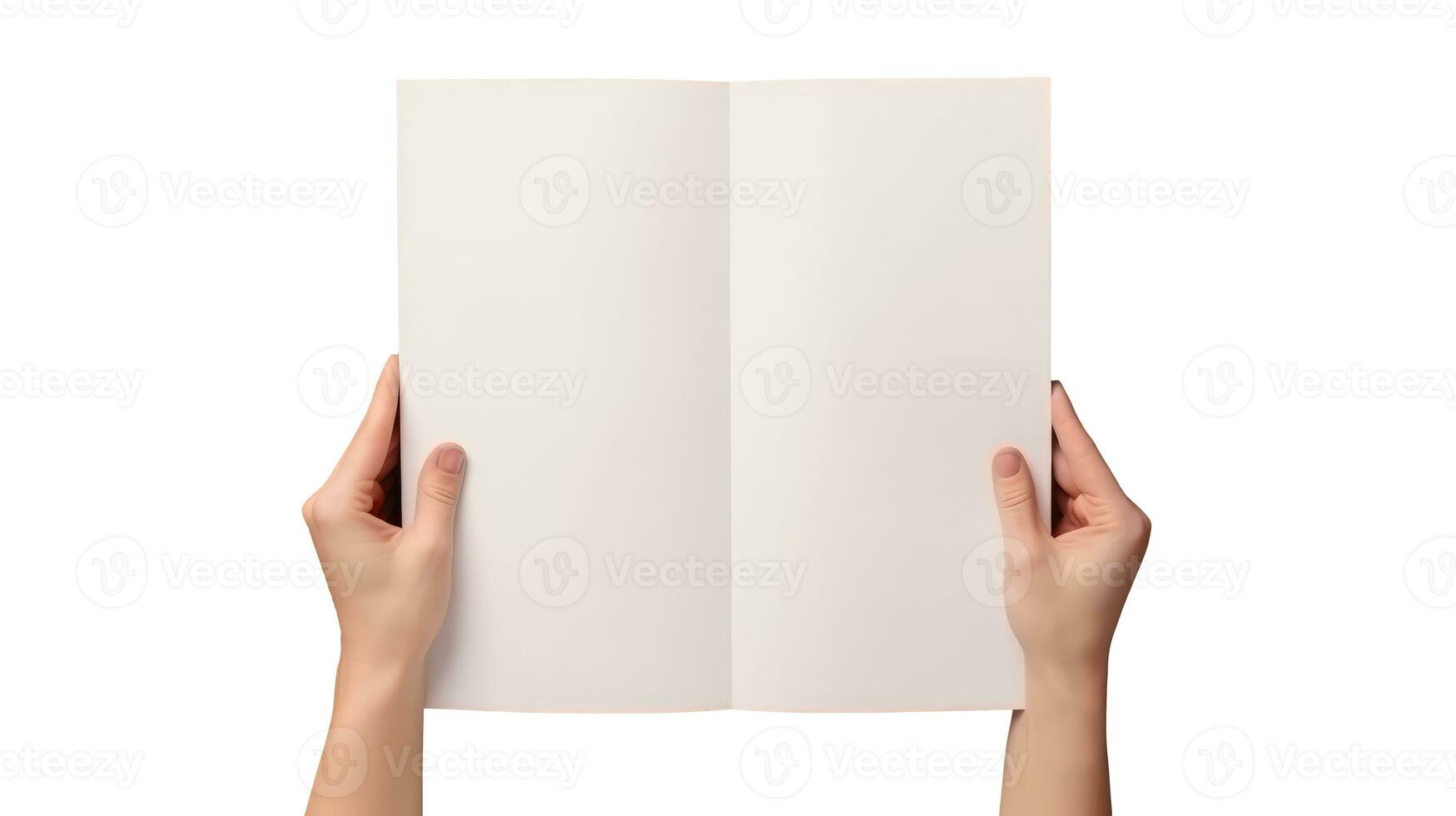 top visie foto van menselijk hand- Holding blanco wit tweevoudig papier.