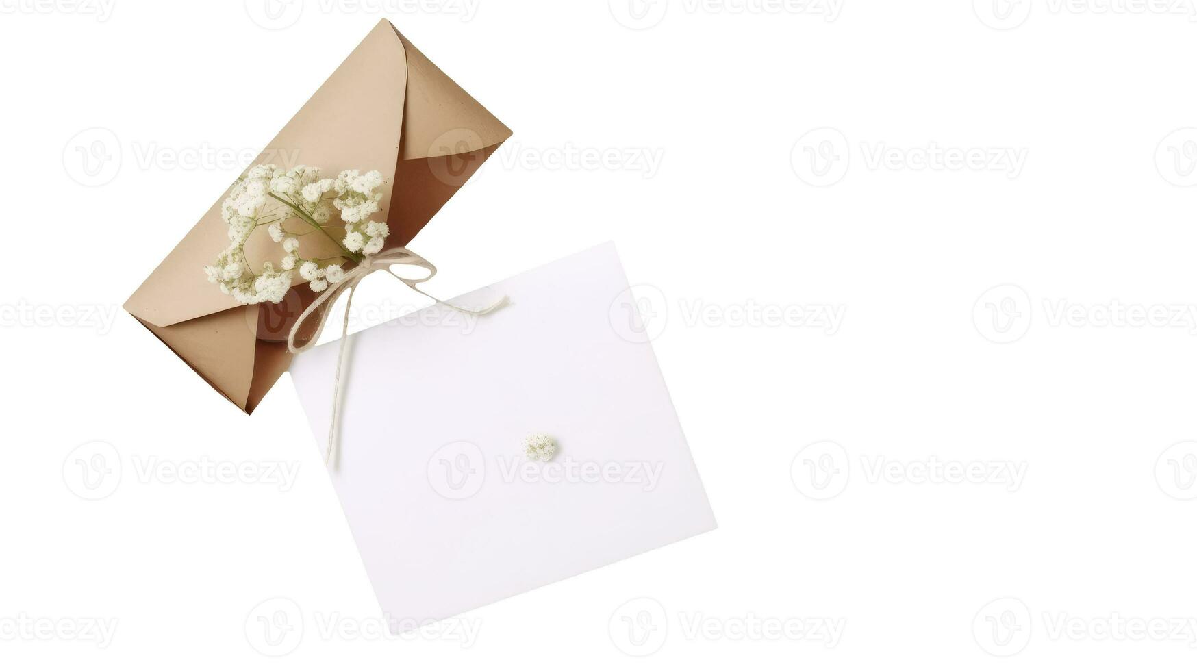 top visie van blanco wit papier mockup en baby's adem bloemen, kraft doos tegen achtergrond. foto