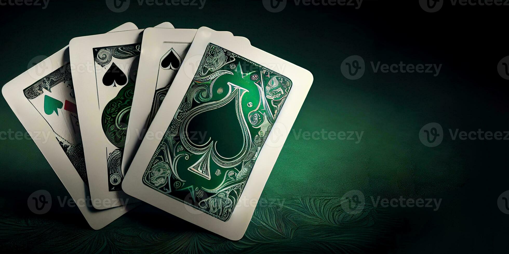 spelen of poker kaarten in wit en groen kleur tegen achtergrond, casino spel en het gokken concept. generatief ai. foto