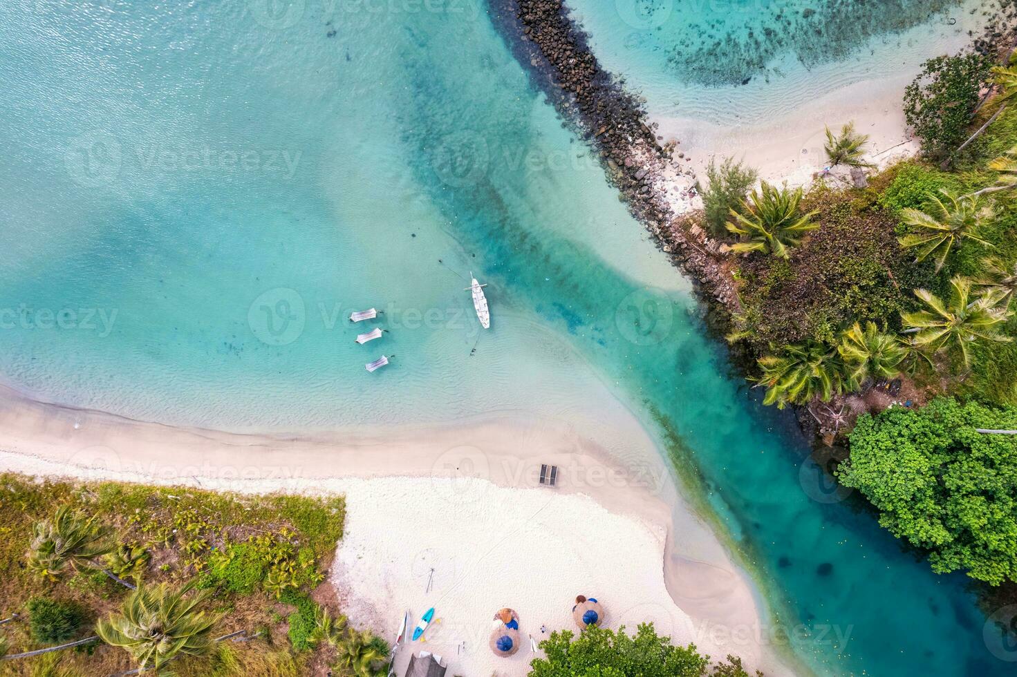 mooi tropisch zee strand met palm Woud en toevlucht in zomer foto