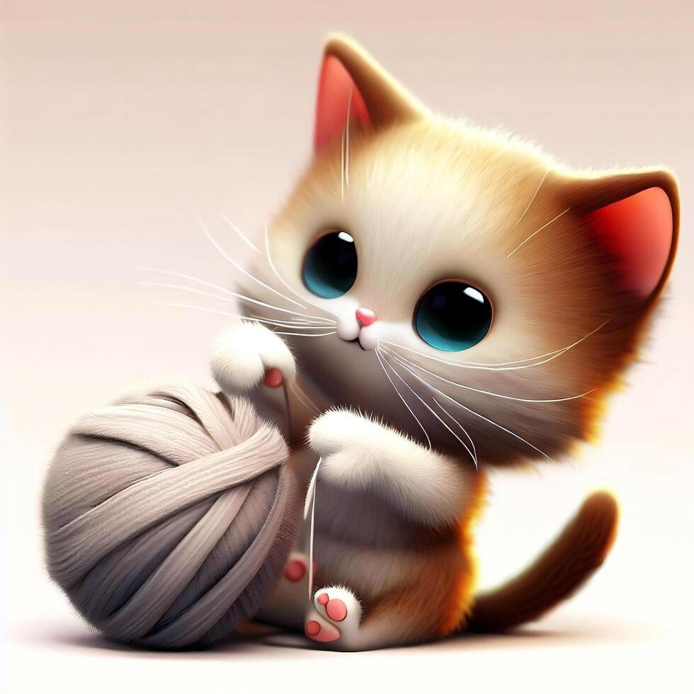 schattig baby kat spelen met garen wol bal illustratie tekenfilm klem kunst generatief ai foto