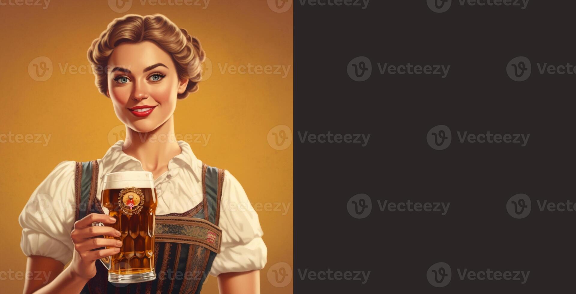 poster naar oktoberfeest festival. jong sexy meisje vervelend een traditioneel Beiers jurk dirndl en Holding bier mok. generatief ai foto