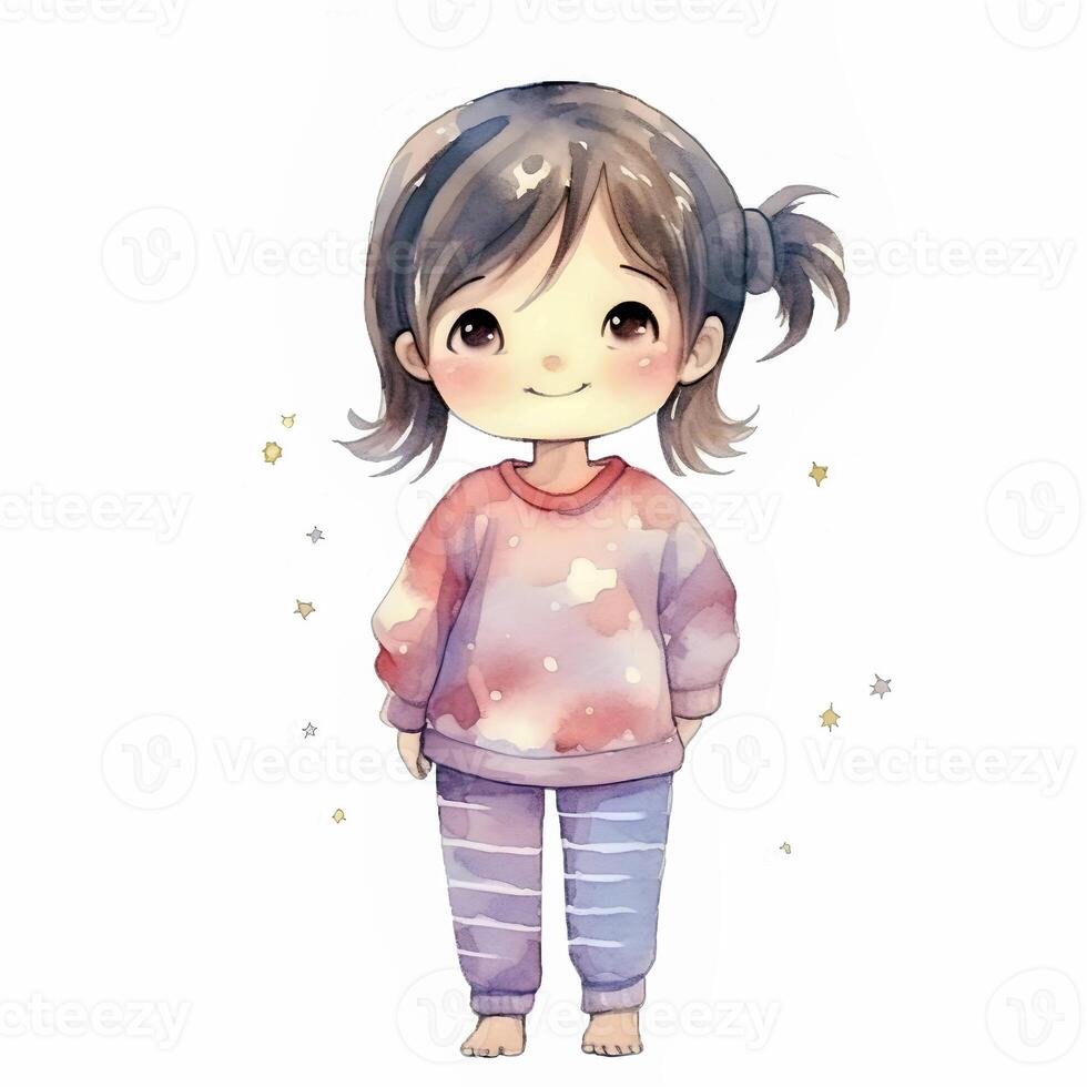 schattig tekenfilm anime meisje in pyjama en blootsvoets. ai gegenereerd. foto