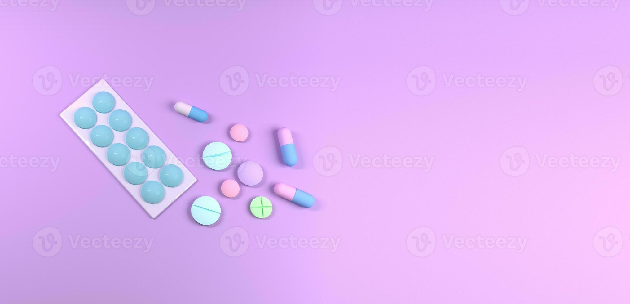 gekleurde pillen, tablets en capsules blaren voor apotheek en geneesmiddel, met een spuit. roze medisch achtergrond. foto