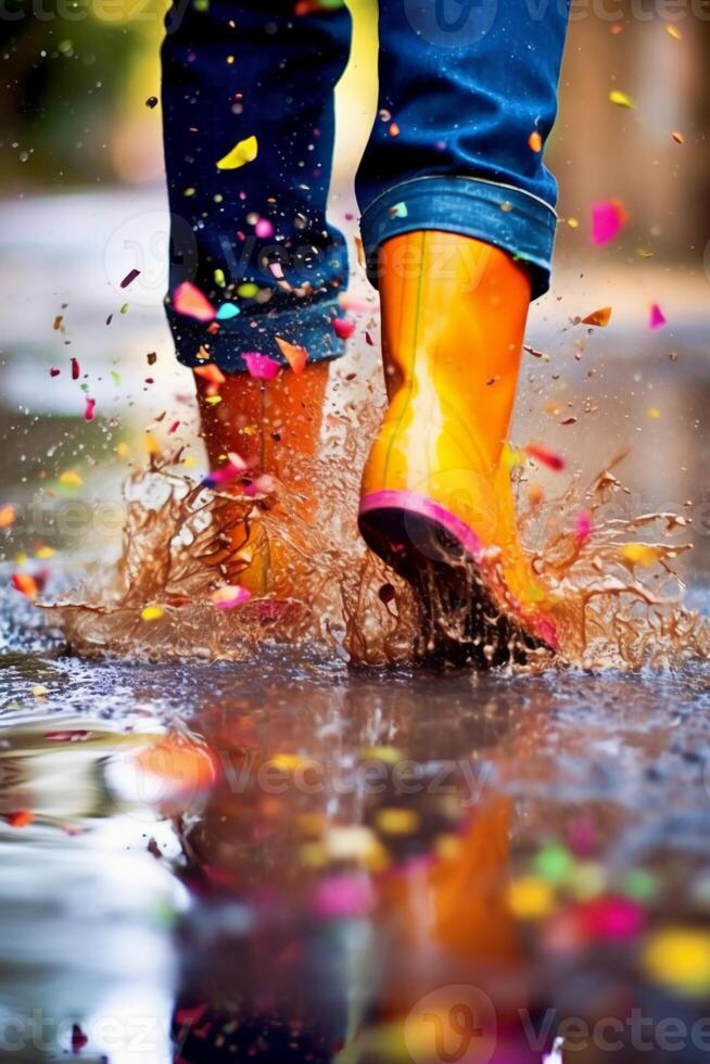 zoom in Aan een paar- van helder gekleurde regen laarzen spatten door plassen. ai generatief foto