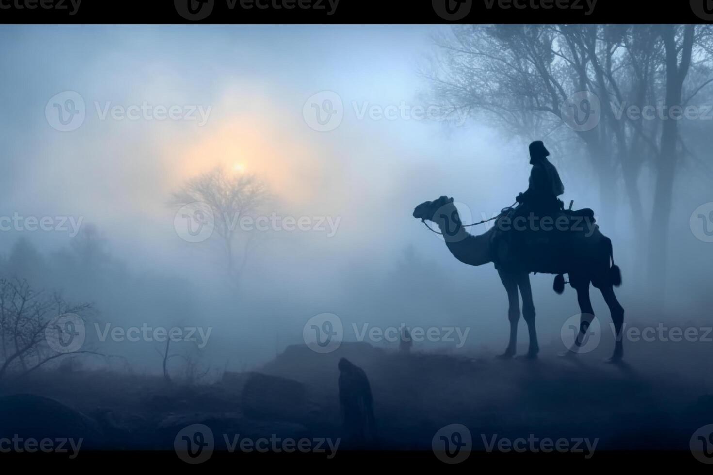 soldaat Aan een kameel, mistig Oppervlakte, silhouet. ai generatief foto