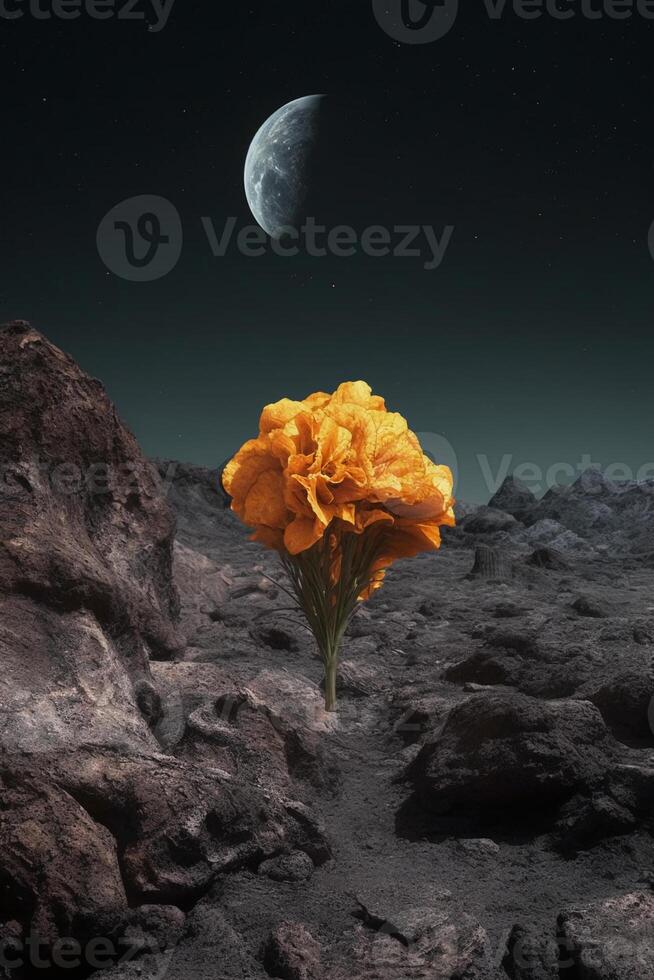 neptunisch asteroïde met een eenzaam levendig goudsbloem bloeiend Aan anders donker dor steen. ai generatief foto