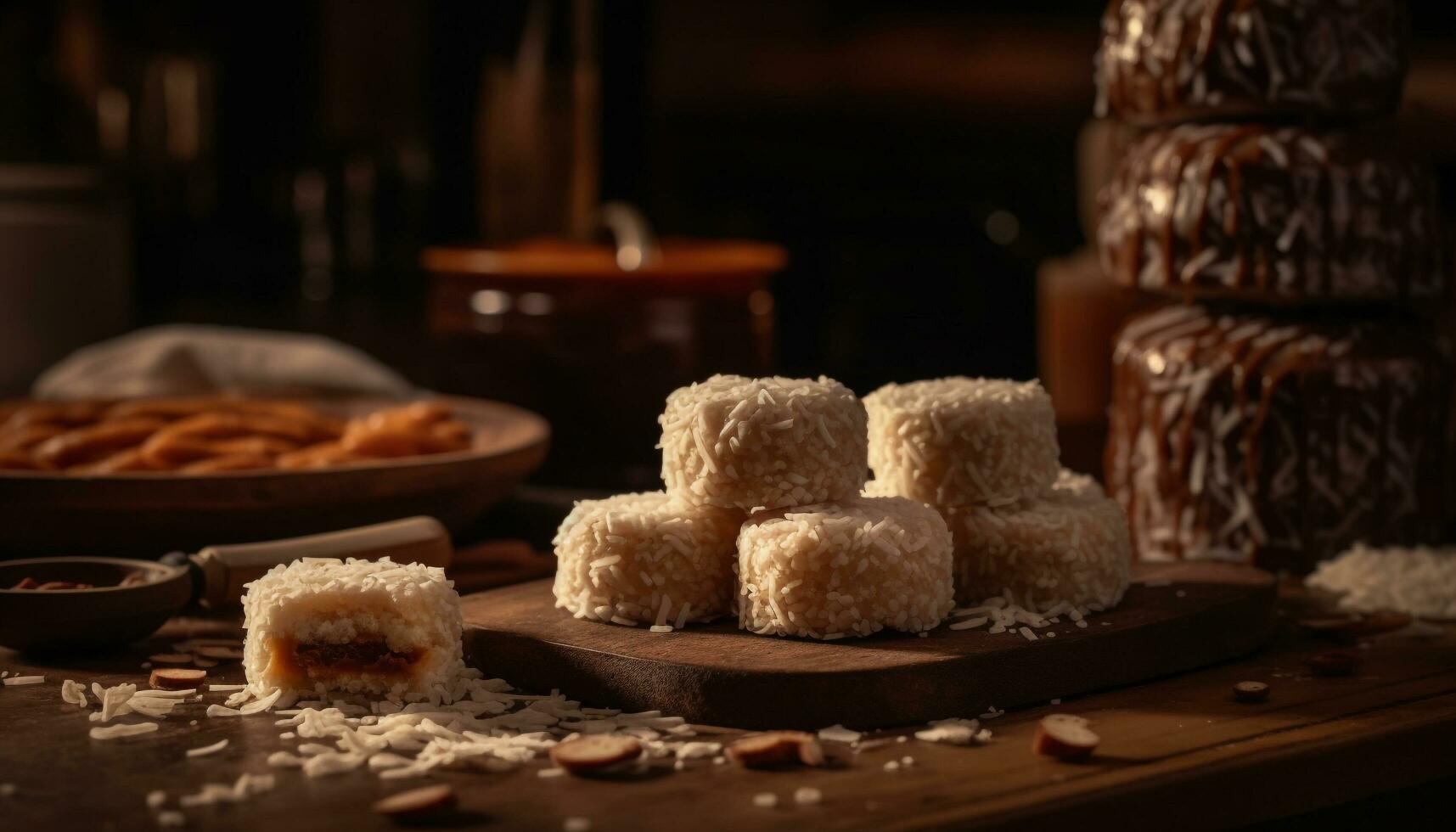 zoet eigengemaakt nagerecht, toegeeflijk chocola kokosnoot koekje gegenereerd door ai foto