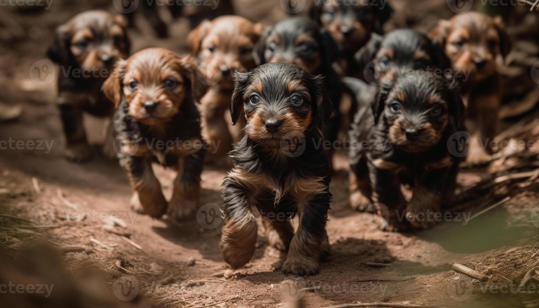 klein groep van schattig puppy's spelen buitenshuis gegenereerd door ai foto