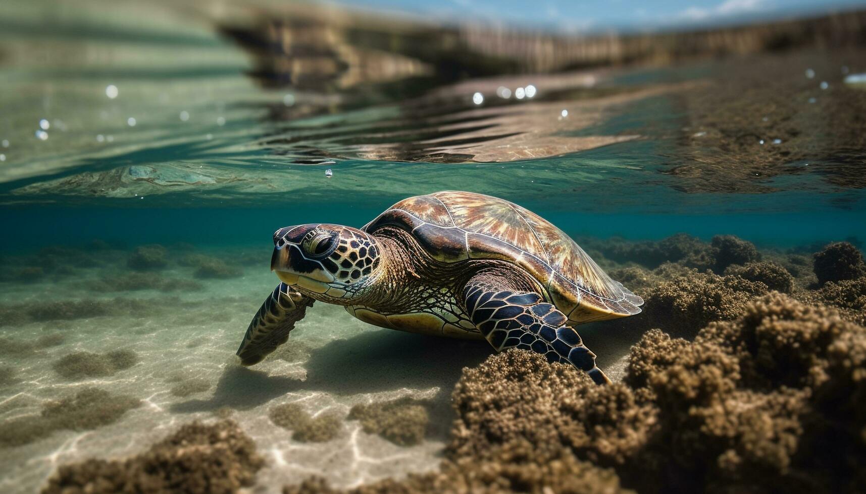 groen zee schildpad zwemt in rustig rif gegenereerd door ai foto