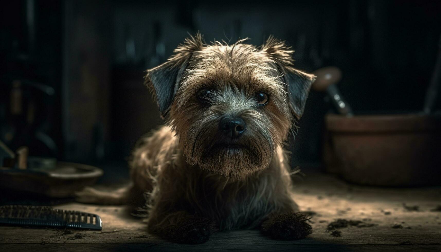 klein terriër puppy zittend Aan houten tafel gegenereerd door ai foto