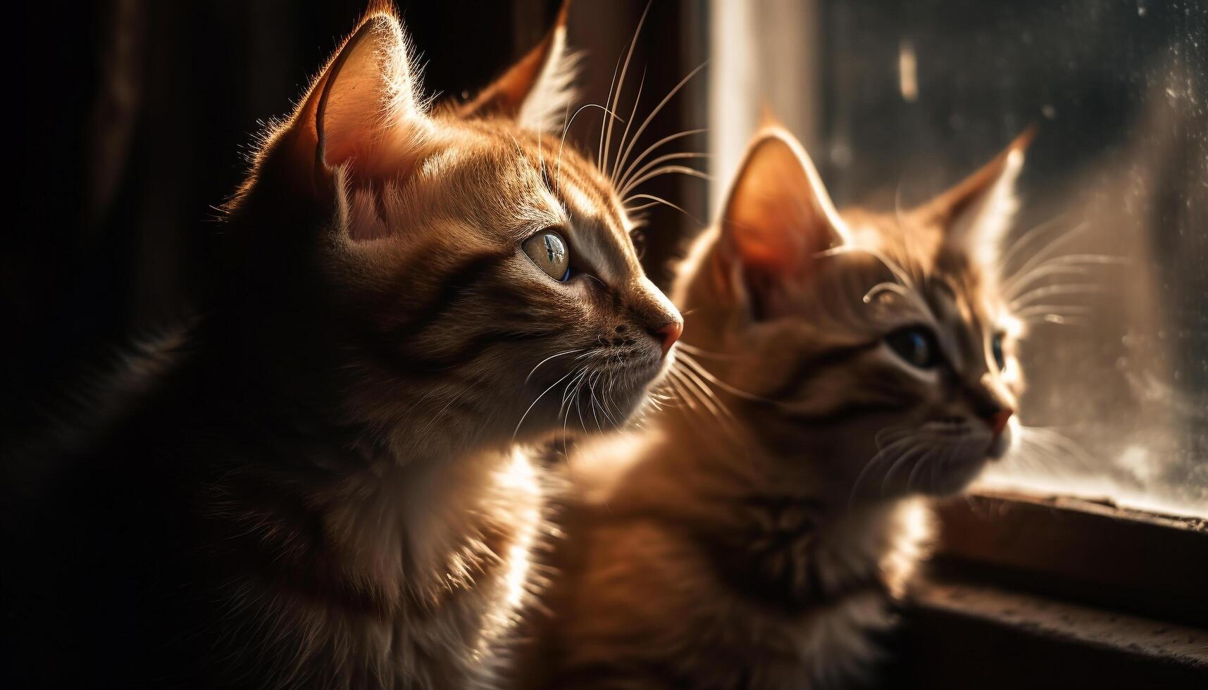 pluizig katje zittend door venster, staren speels gegenereerd door ai foto