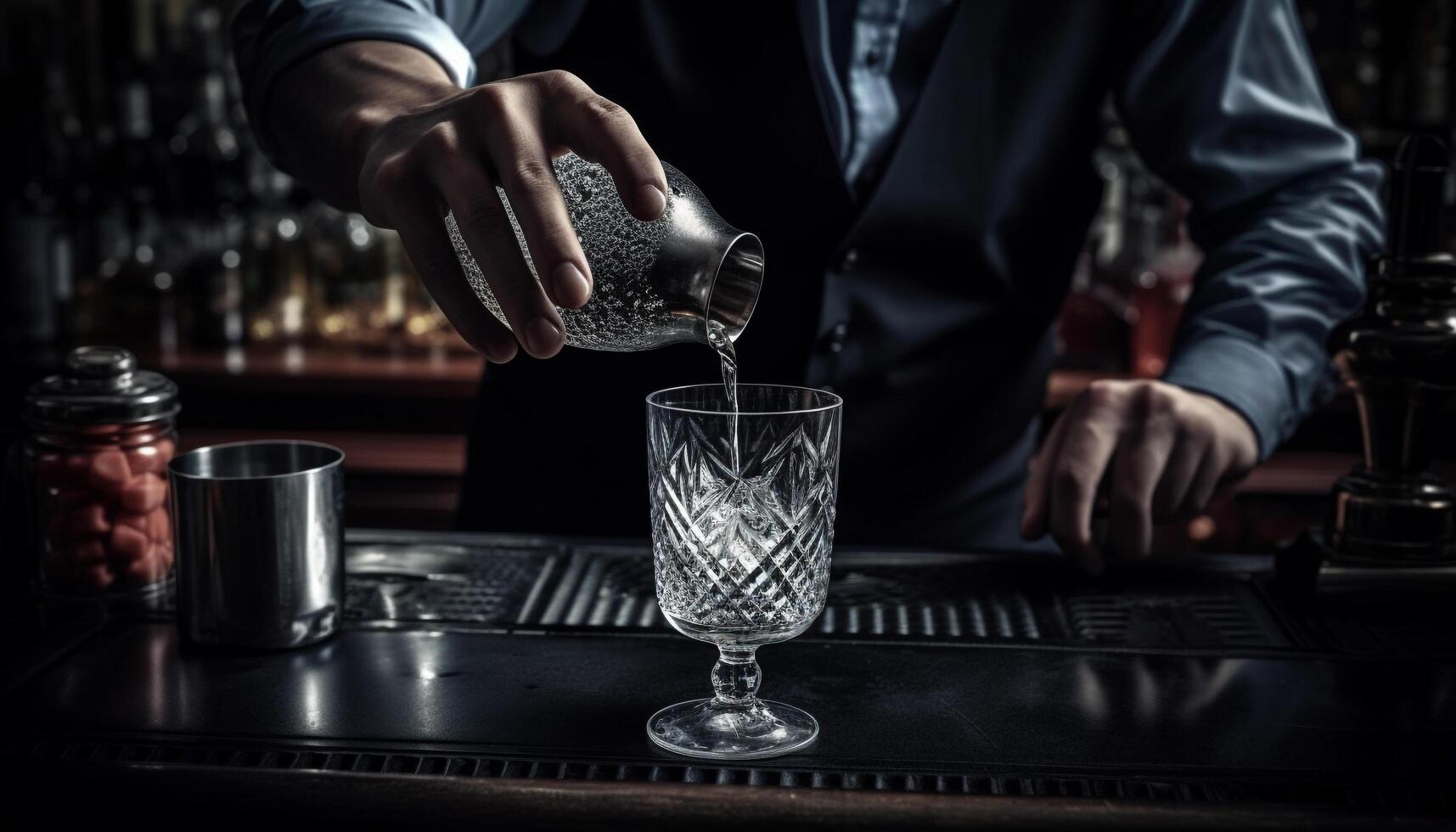 Kaukasisch barman gieten vers cocktail Bij elegant bar gegenereerd door ai foto