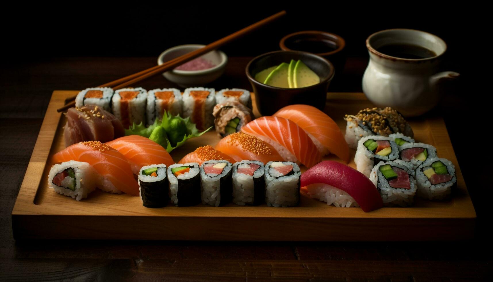 vers zeevruchten bord met maki sushi broodjes gegenereerd door ai foto