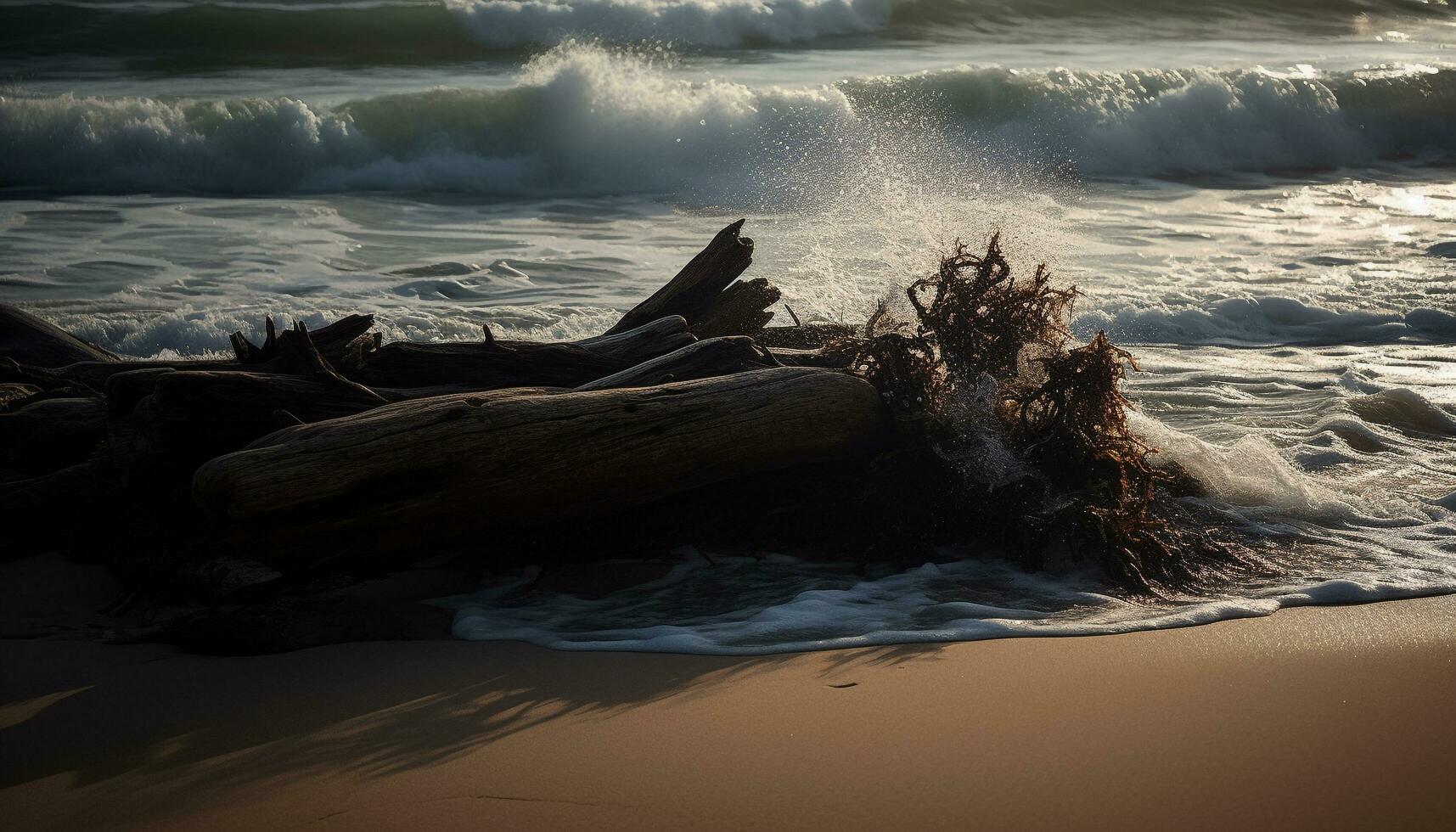 rustig zeegezicht Bij schemering, golven crashen Aan rotsen gegenereerd door ai foto