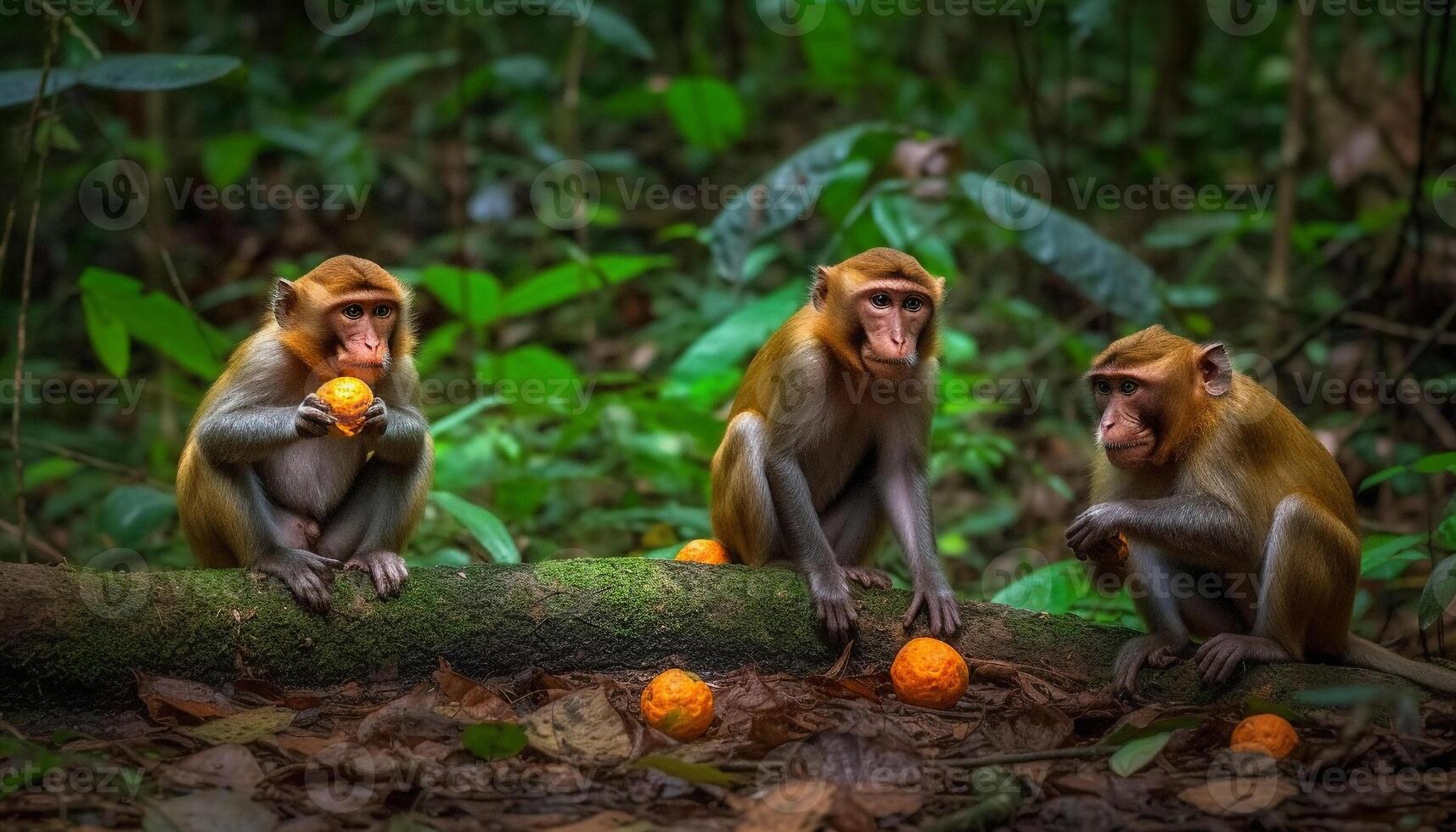 jong makaak zittend in tropisch Woud aan het eten fruit gegenereerd door ai foto