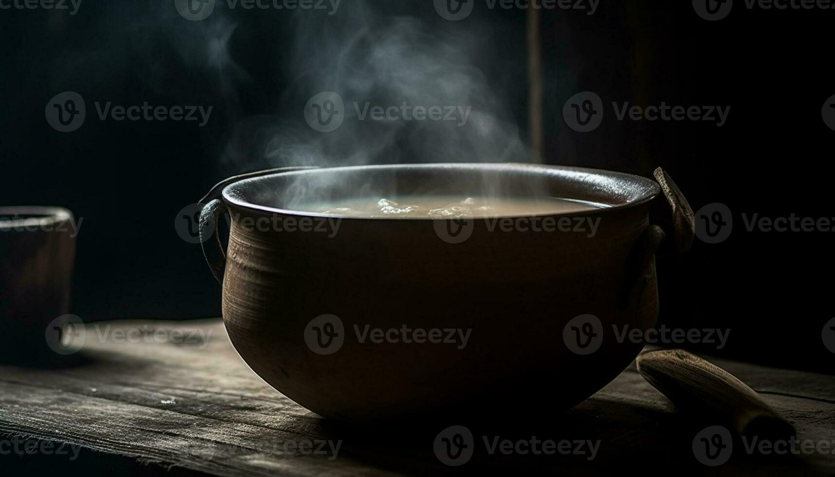 heet koffie stoomt Aan rustiek houten tafel gegenereerd door ai foto