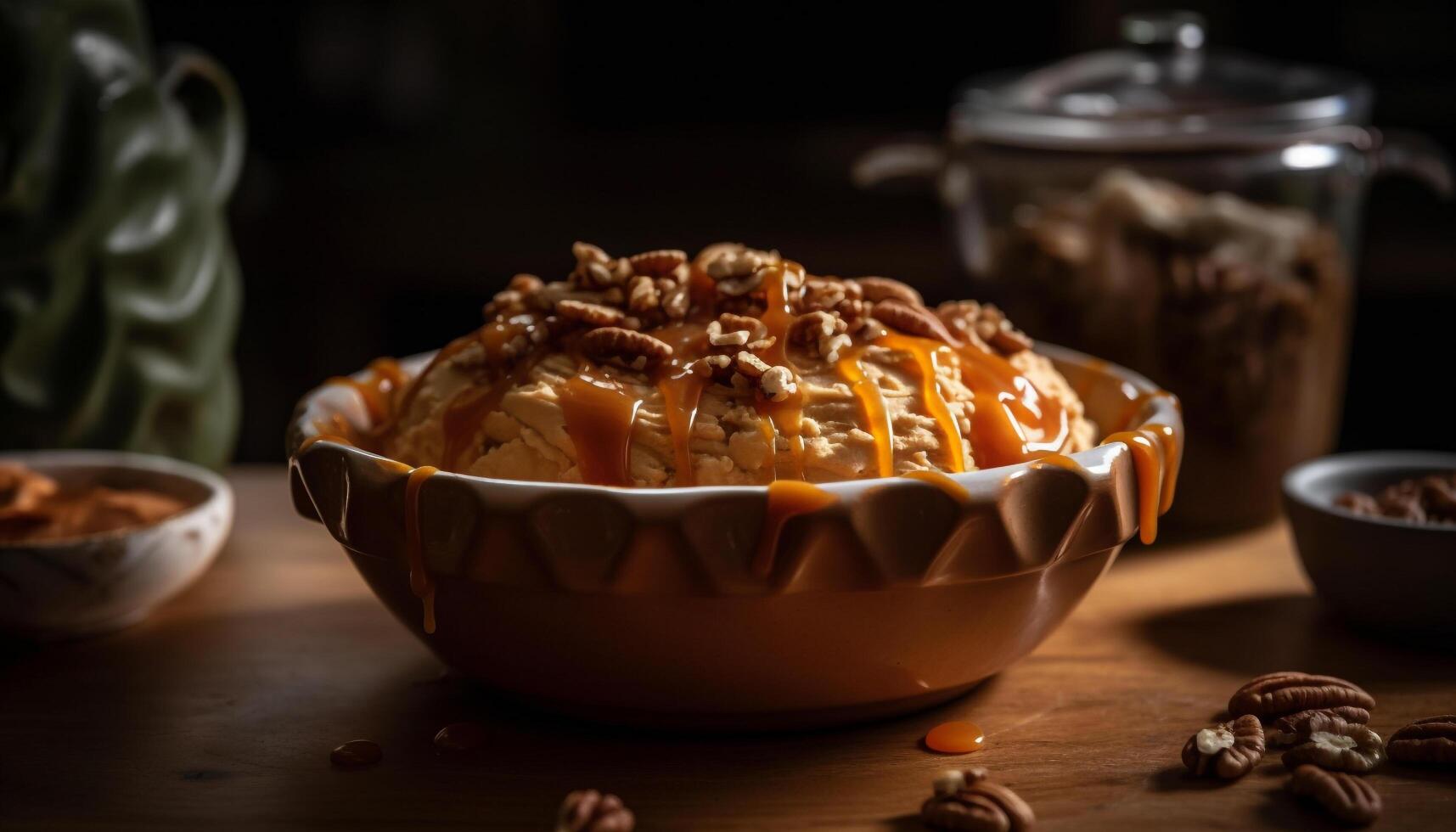 toegeeflijk eigengemaakt chocola ijs room Aan rustiek tafel gegenereerd door ai foto