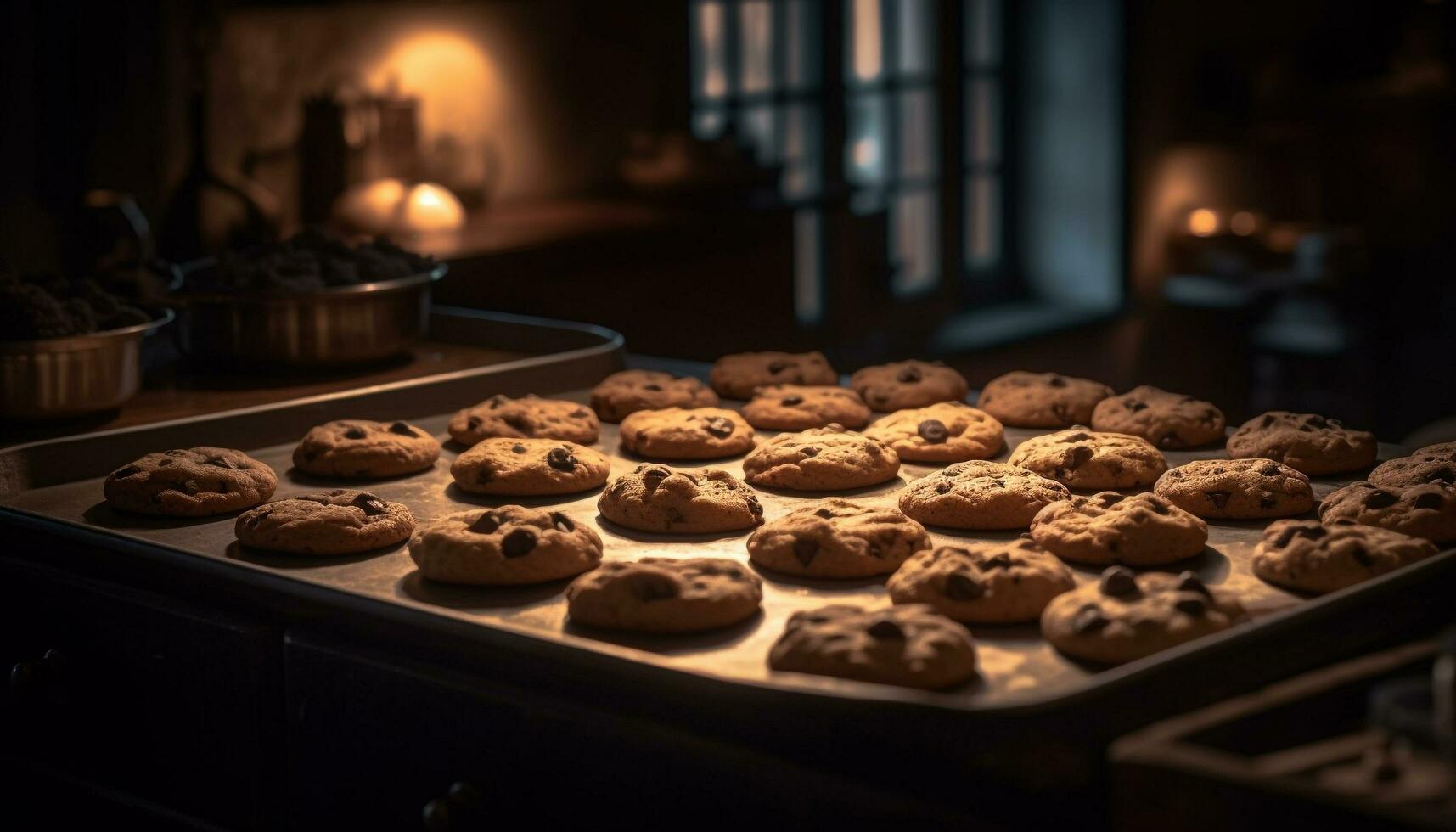 vers gebakken chocola spaander koekjes Aan koeling rek gegenereerd door ai foto