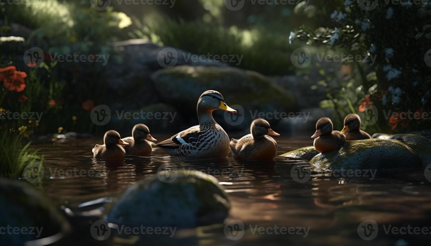 rustig vijver weerspiegelt schoonheid van natuur familie gegenereerd door ai foto