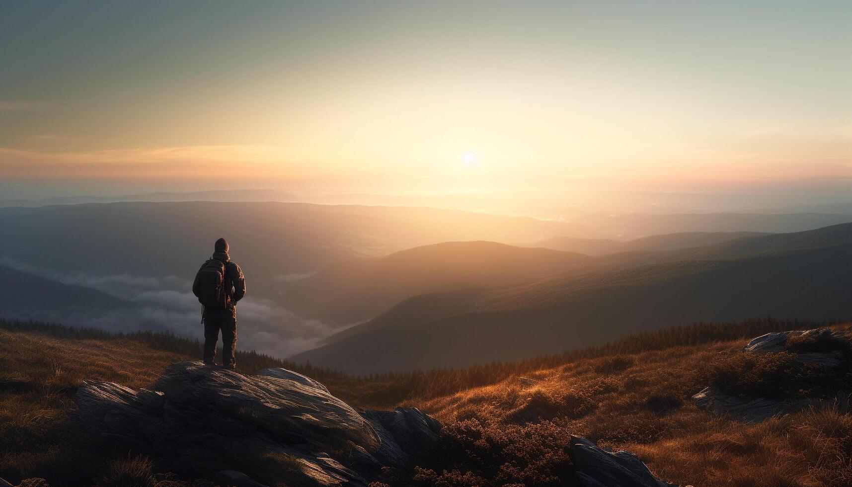 mannen veroveren berg top Bij zonsopkomst, backpacken avontuur gegenereerd door ai foto