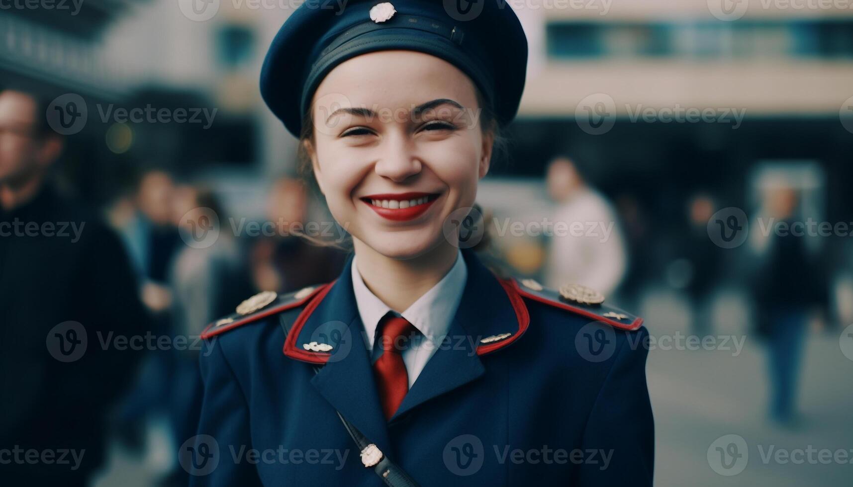 glimlachen jong volwassen in uniform staand buitenshuis op zoek Bij camera gegenereerd door ai foto